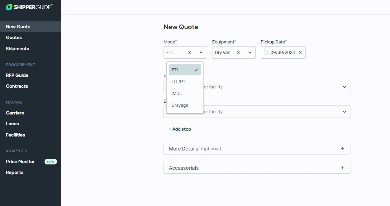 screenshot of ShipperGuide TMS